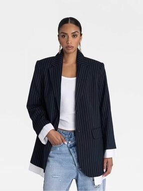 KBB by Kahlana Pinstripe Oversized Blazer Jacket - Navy Small